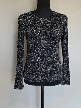 Lauren Ralph Lauren Womens Small Black White Paisley Cotton Sweater